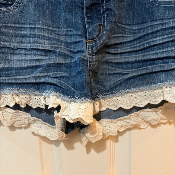 Forever 21 Blue and White Jean Shorts with Eyelet Lace Trim - Picture 2 of 4